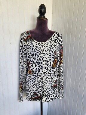 Venue Cardigan Sweater Rayon Nylon White Gray Leopard Floral Beaded Button L
